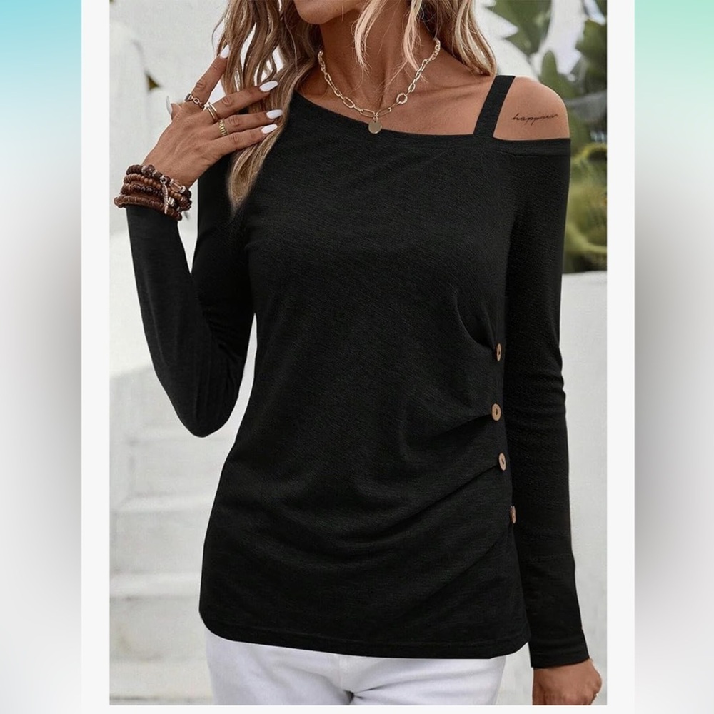 Chic Black Asymmetrical Women's Long Sleeve Top - Picture 3 of 7